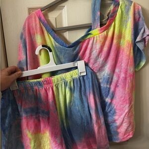 SHEIN Tie-Dye Curve Two-Piece Set - Pink, Yellow, Blue